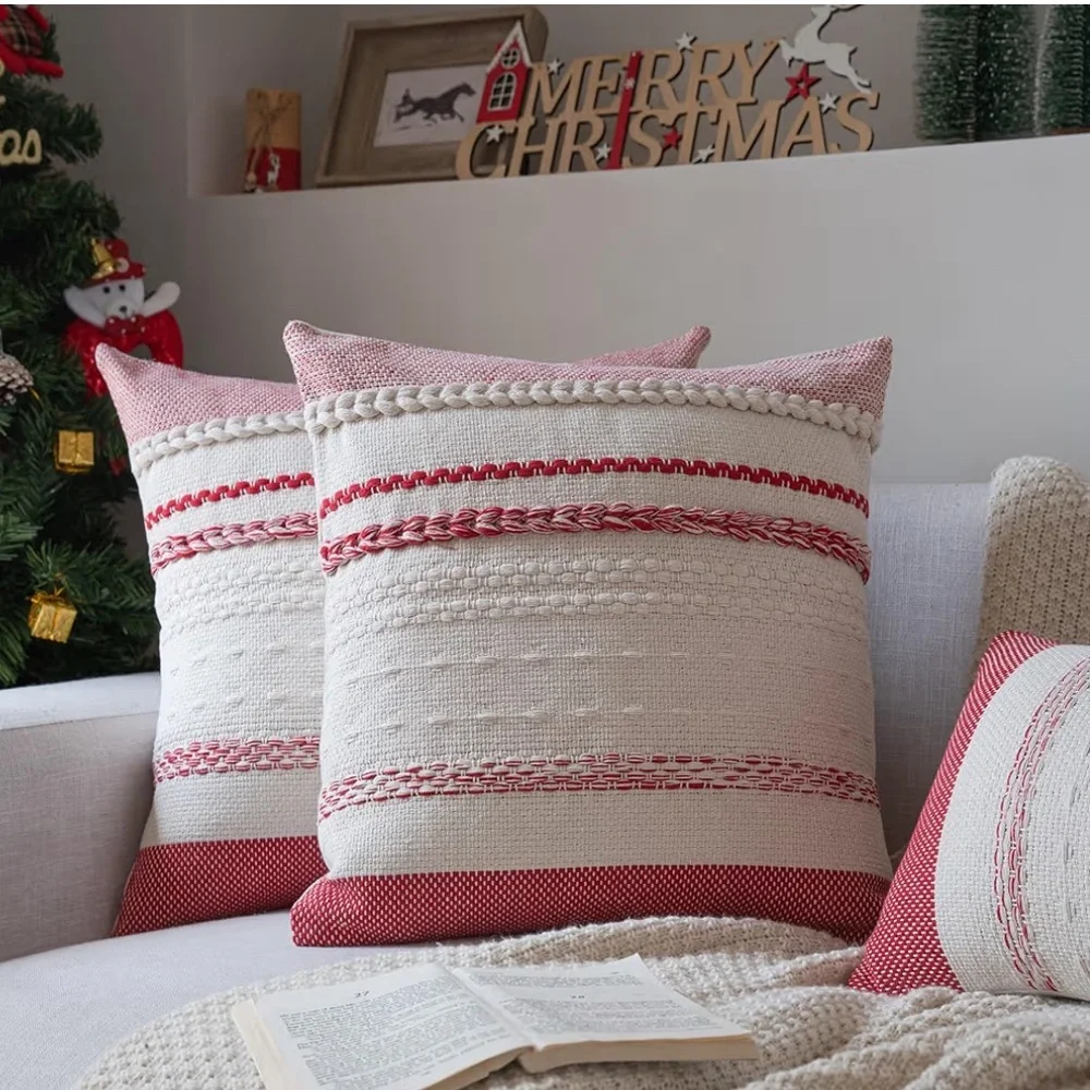 Red Christmas Pillow Covers Cotton SQUARE 18x18” (2-pack)
